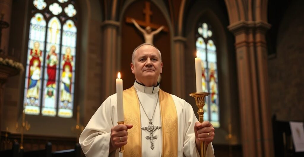 Catholic ksiądz w tradycyjnym stroju w kościele, trzymający świecę, symbolizujący wierność nauce Kościoła i sakramentom