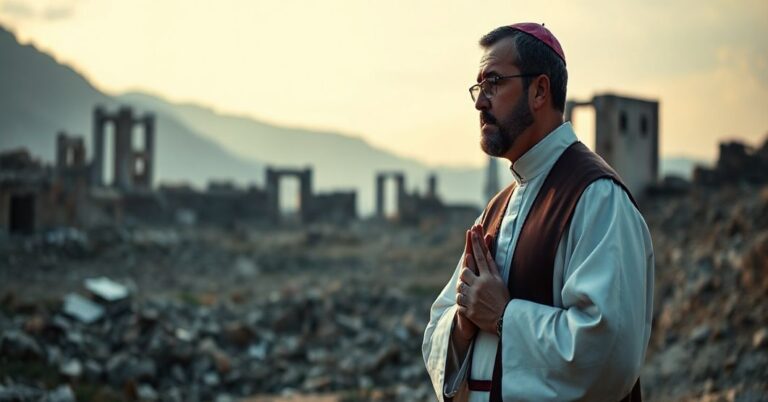 Katolicki książ w tradycyjnych szatach modli się przed ruinami w Libanie, symbolizując duchową kryzys religijnego relatywizmu.
