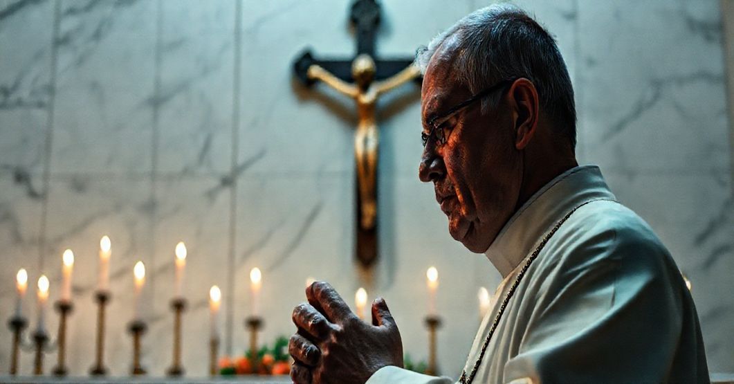 Katolicki książ w modlitwie przed krzyżem, symbolizujący tragedię kultury śmierci w Kanadzie