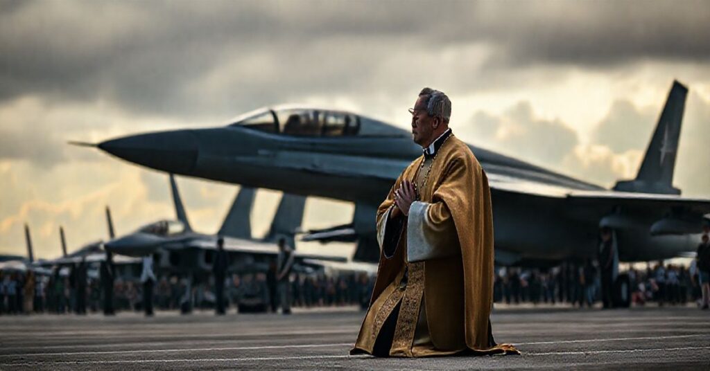Reverent katolicki ksiądz modli się w cieniu pokazów wojskowych samolotów podczas krytyki militarnej glorii, odzwierciedlając duchową refleksję nad tragedią i zaniedbaniem duszy.