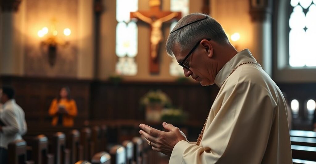 Katolicki ksiądz modlący się w kościele, symbolizujący głęboką troskę i pobożność w obliczu kryzysu duchowego