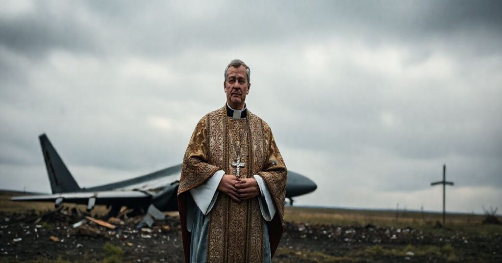 Ksiądz w sutannie przy memoriale z wrakiem samolotu F-16, modlący się w obliczu tragicznej katastrofy, wyraz głębokiego żalu i pokory wobec Bożej tajemnicy