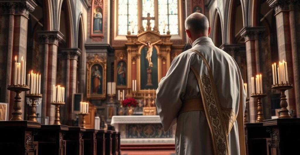 Ksiądz katolicki w tradycyjnych szatach stojący w historycznym kościele, modlący się przy ołtarzu z krzyżem i świecami, ukazujący głęboką wiarę i szacunek dla tradycji katolickiej