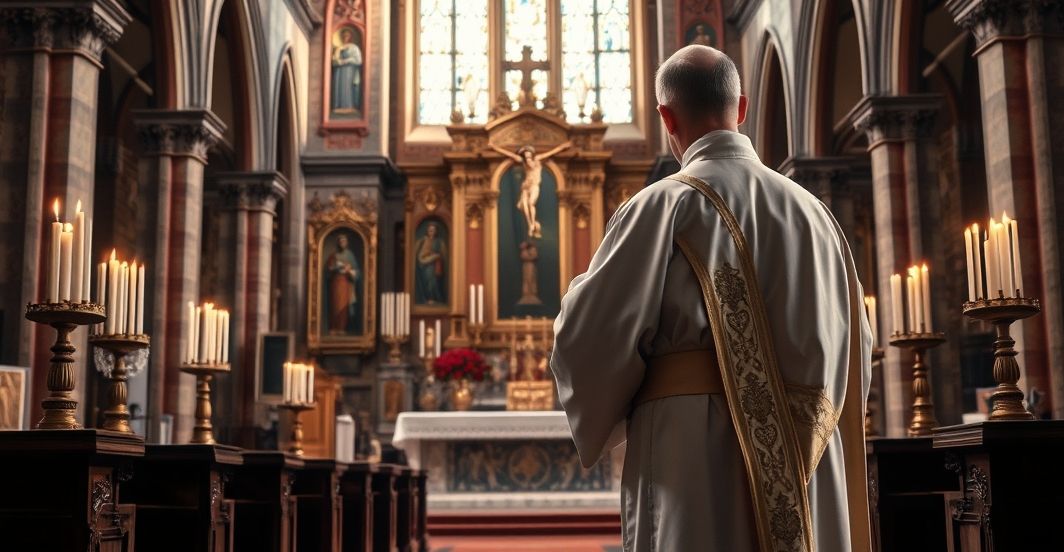 Obraz katolickiego kapłana w świątyni jako wyraz głębokiej wiary i tradycji Ksiądz katolicki w tradycyjnych szatach stojący w historycznym kościele, modlący się przy ołtarzu z krzyżem i świecami, ukazujący głęboką wiarę i szacunek dla tradycji katolickiej