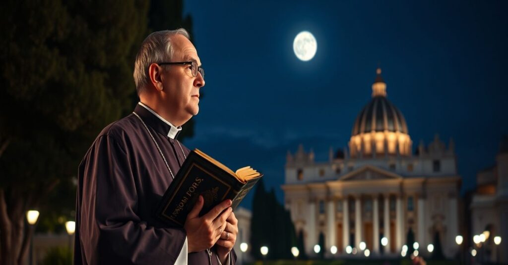 Tradycyjny katolicki ksiądz w Ogrodach Watykańskich z Biblią w ręku, patrząc smutnie na start rakiety Artemis II w nocnym niebie.