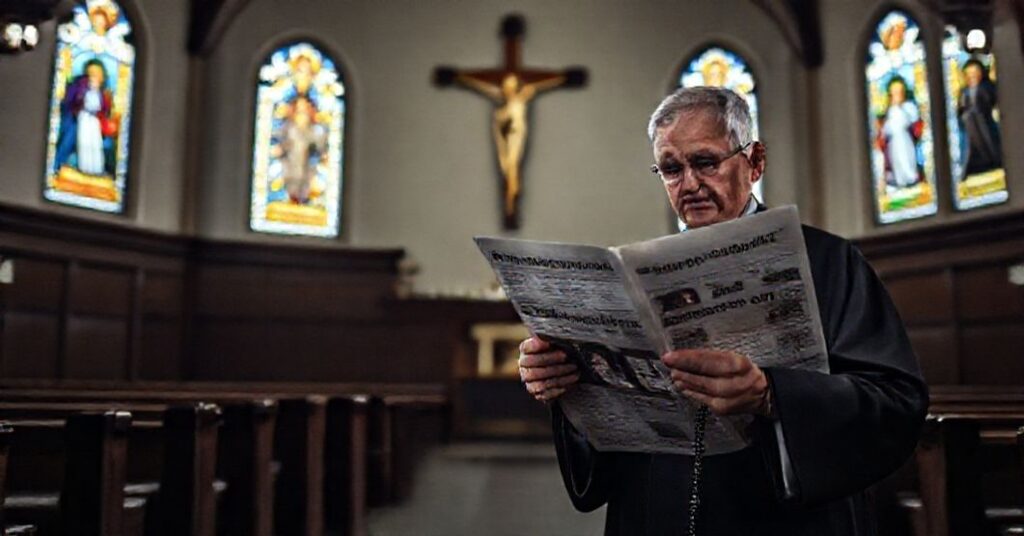 Ksiądz katolicki w tradycyjnych szatach liturgicznych trzyma różaniec i patrzy na gazetę z wiadomością o wyborze prezydenta w Boliwii.