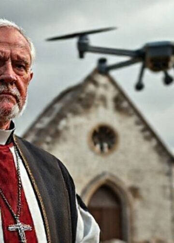 Militarne zręczności Zachodu: NATO jako narzędzie świeckiego mesjanizmu Ksiądz katolicki w tradycyjnych ornatach stojący przed ruinami kościoła z NATO bezzałogowym samolotem na tle. Wyraz twarzy wyraża głęboką troskę.
