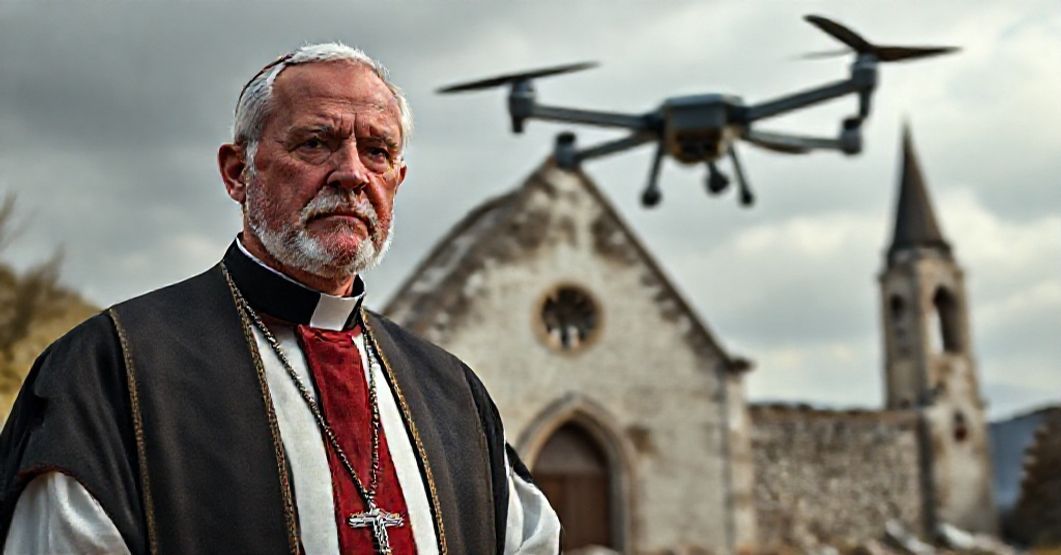 Militarne zręczności Zachodu: NATO jako narzędzie świeckiego mesjanizmu Ksiądz katolicki w tradycyjnych ornatach stojący przed ruinami kościoła z NATO bezzałogowym samolotem na tle. Wyraz twarzy wyraża głęboką troskę.
