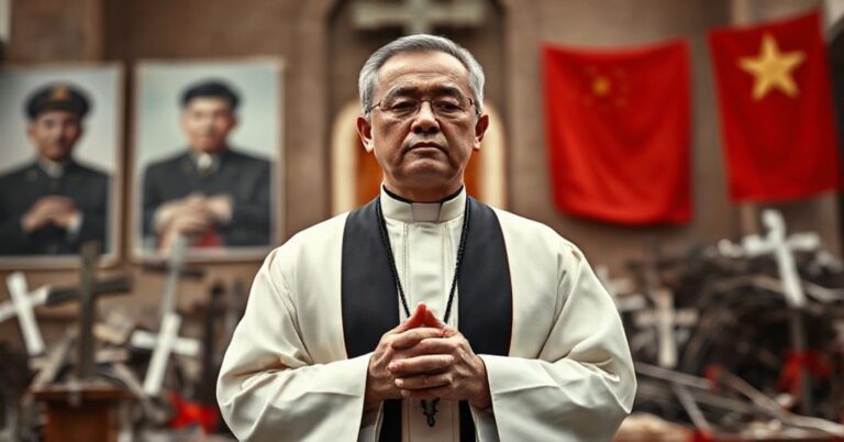 Katolicki ksiądz w tradycyjnych szatach modlący się przed zniszczonym kościołem w Chinach, symbolizujący prześladowania Kościoła pod rządami komunistów.