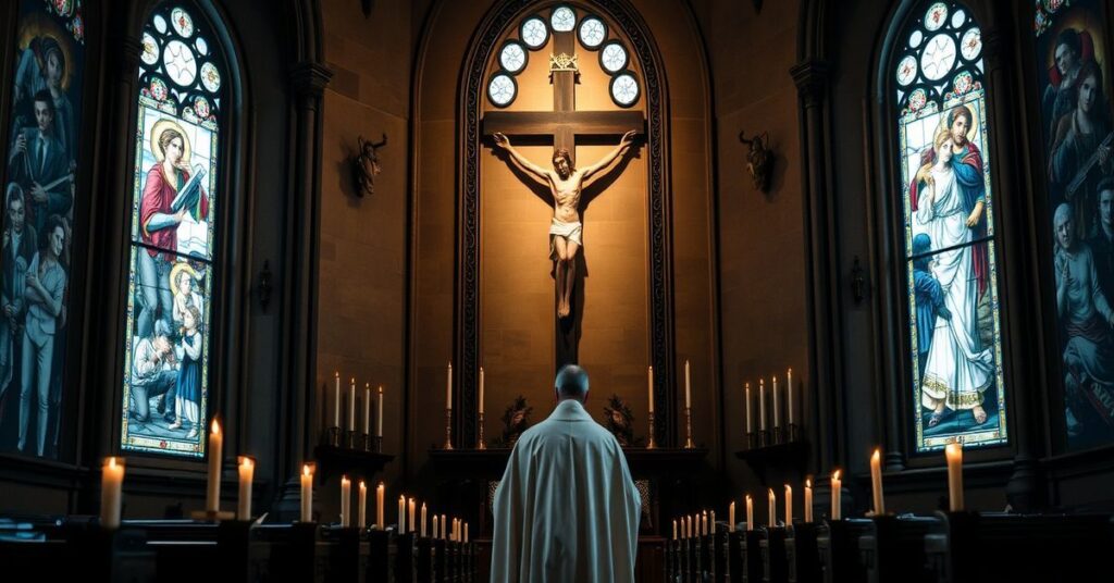 Katolicki ksiądz modli się przed krzyżem w ciemnym kościele, wokół sceny wojny przez witraże