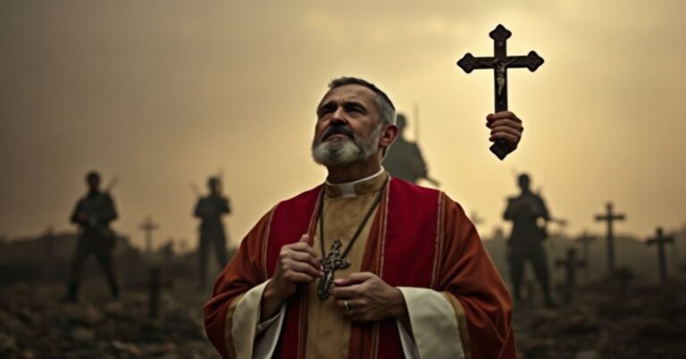 Ksiądz w tradycyjnych szatach liturgicznych modli się za ofiary terrorystycznego Hamasu.