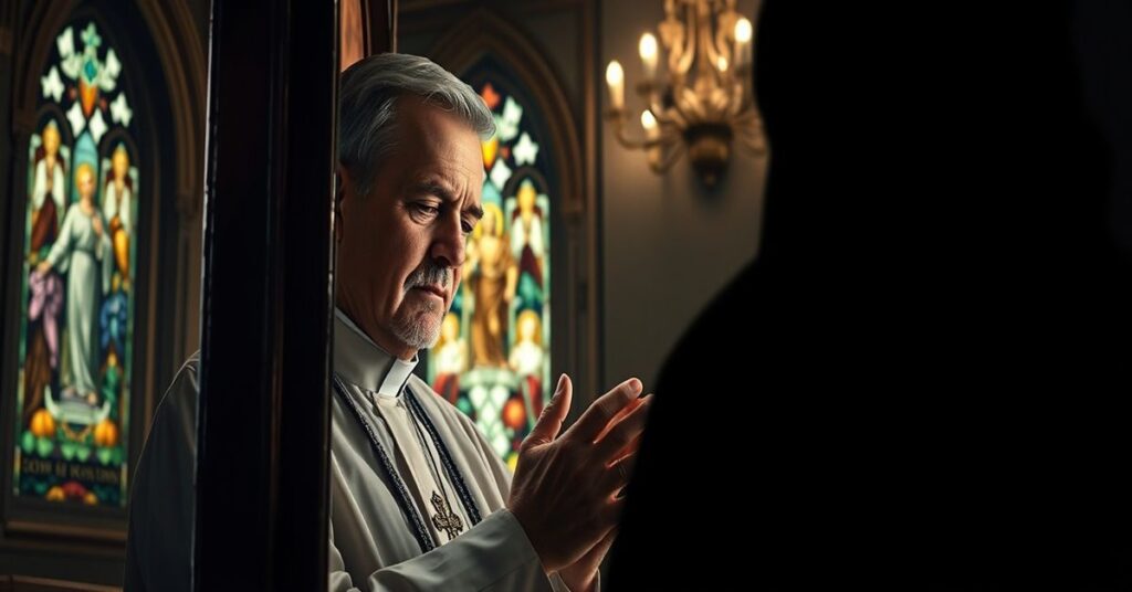 Tradycyjny ksiądz w konfesjonale z pytaniem o prawdziwe pokuty i sakramenty w kontrastie z modernistycznymi 'reformami'