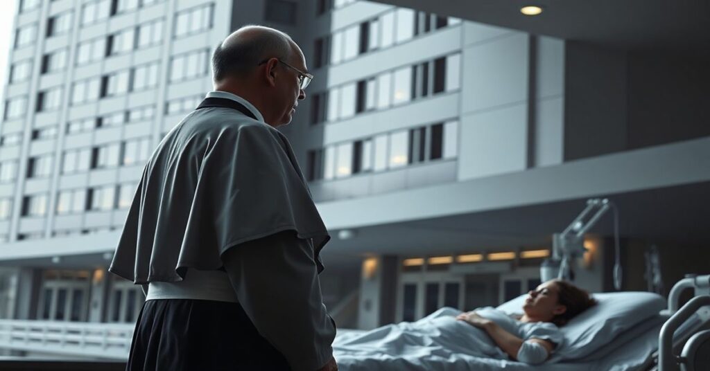 Ksiądz w sutannie stojący przed szpitalem, symbolizujący pustkę duchową współczesnego systemu opieki zdrowotnej