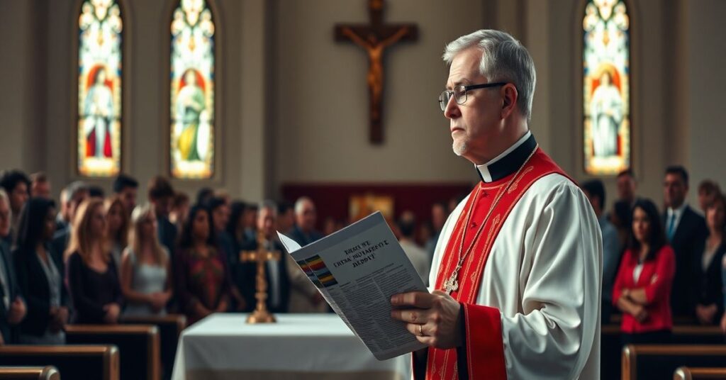 Ksiądz w tradycyjnych szatach liturgicznych stoi przed ołtarzem z krzyżem, wyrażając zaniepokojenie wynikami badania Pew Research Center na temat upadku moralnego w społeczeństwie amerykańskim.