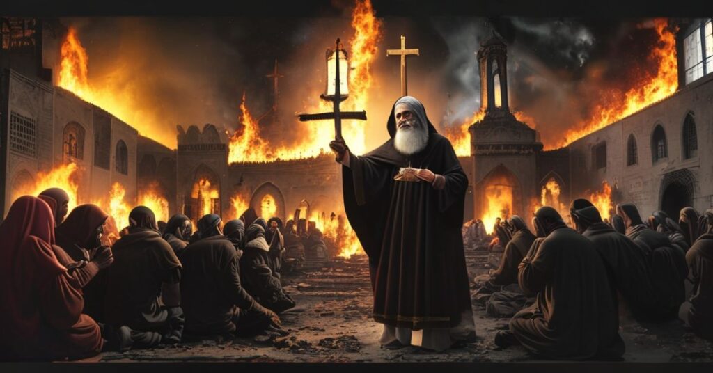 Ksiądz katolicki stoi przed płonącym kościołem w Iranie, trzymając krzyż, podczas gdy protestujący modlą się na kolanach.