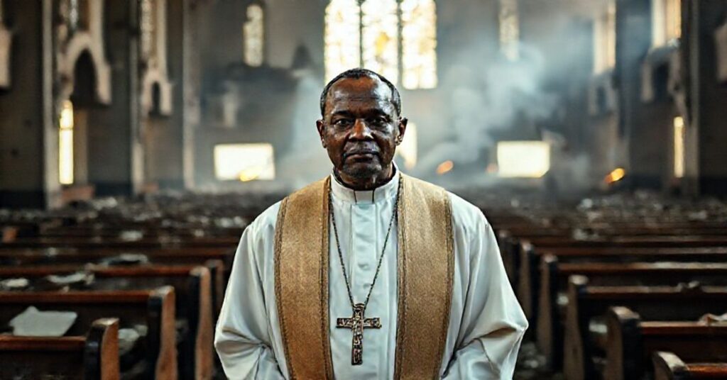 Soból katolicki ksiądz w tradycyjnych ornatach stoi w zniszczonym kościele w Nigerii, otoczony rujnami ławek i zniszczonym witrażem. Jego twarz jest oświetlona słabym światłem przeciekającym przez zniszczone okna, wyrażając głęboki smutek i determinację. Na tle widoczny jest słaby dym unoszący się z odległych pożarów, symbolizując trwającą prześladowanie. Zdjęcie przekazuje czcię, męczeństwo i walkę prawdziwego Kościoła przeciwko nowoczesnym medialnym zniekształceniom.
