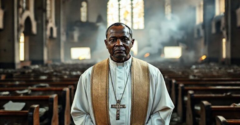 Soból katolicki ksiądz w tradycyjnych ornatach stoi w zniszczonym kościele w Nigerii, otoczony rujnami ławek i zniszczonym witrażem. Jego twarz jest oświetlona słabym światłem przeciekającym przez zniszczone okna, wyrażając głęboki smutek i determinację. Na tle widoczny jest słaby dym unoszący się z odległych pożarów, symbolizując trwającą prześladowanie. Zdjęcie przekazuje czcię, męczeństwo i walkę prawdziwego Kościoła przeciwko nowoczesnym medialnym zniekształceniom.