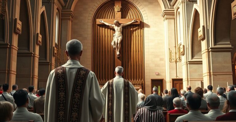 Katolicki ksiądz w świątyni z krucyfiksem, scena poważna i religijna, symbolizująca wiarę i moralność w obliczu współczesnych zagrożeń