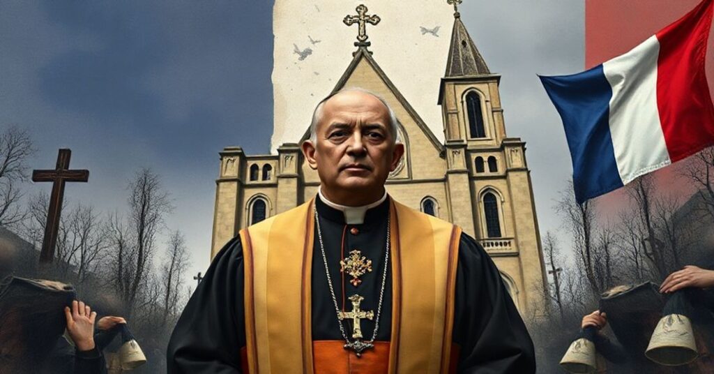 Katolicki książ w tradycyjnych szatach stojący przed zdewastowanym kościołem we Francji, symbolizujący upadek moralny i polityczny kraju.