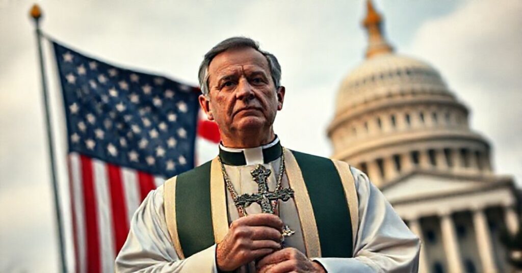 Ksiądz katolicki w tradycyjnych szatach liturgicznych stoi przed Kapitolem w Waszyngtonie z krzyżem w ręku, wyrażając głęboką troskę o moralność polityki aborcyjnej.