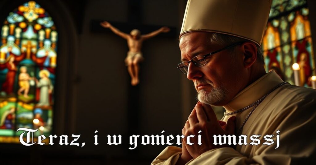 Ksiądz w tradycyjnym ornacie modli się przed krzyżem w ciemnym kościele, symbolizując walkę z eutanazją z katolickiego punktu widzenia.