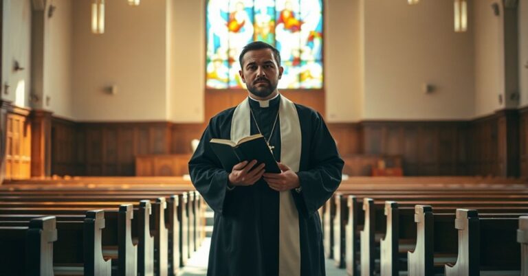 Ksiądz w tradycyjnym stroju kapłańskim stoi w kościele z niepokojem patrząc na puste ławki i nowoczesny ołtarz.
