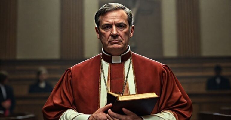 Katolicki książ w tradycyjnych szatach liturgicznych stoi przed sądem, trzymając ksiągę prawa. Na tle widoczna jest cień Ghislaine Maxwell.