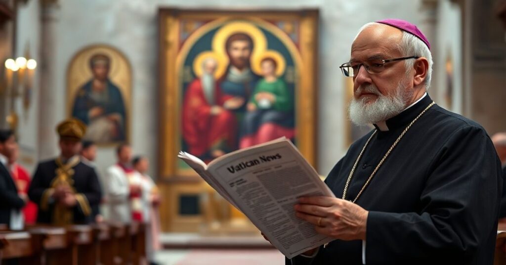 Książ katolicki w tradycyjnych szatach kaplańskich trzyma egzemplarz Vatican News przed ikoną Trójcy świętej, z tłem wokółem blaknące obrazy rytuałów ormiańskich