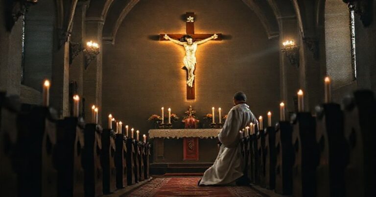 Tradycyjny ksiądz katolicki w ciemnym kościele modlący się przed krzyżem z różańcem i świecami.
