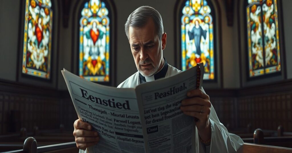 Tradycyjny katolicki ksiądz w ciemnym kościele patrzący na gazetę z nagłówkiem o aferze Epsteina i dyplomatów francuskich.