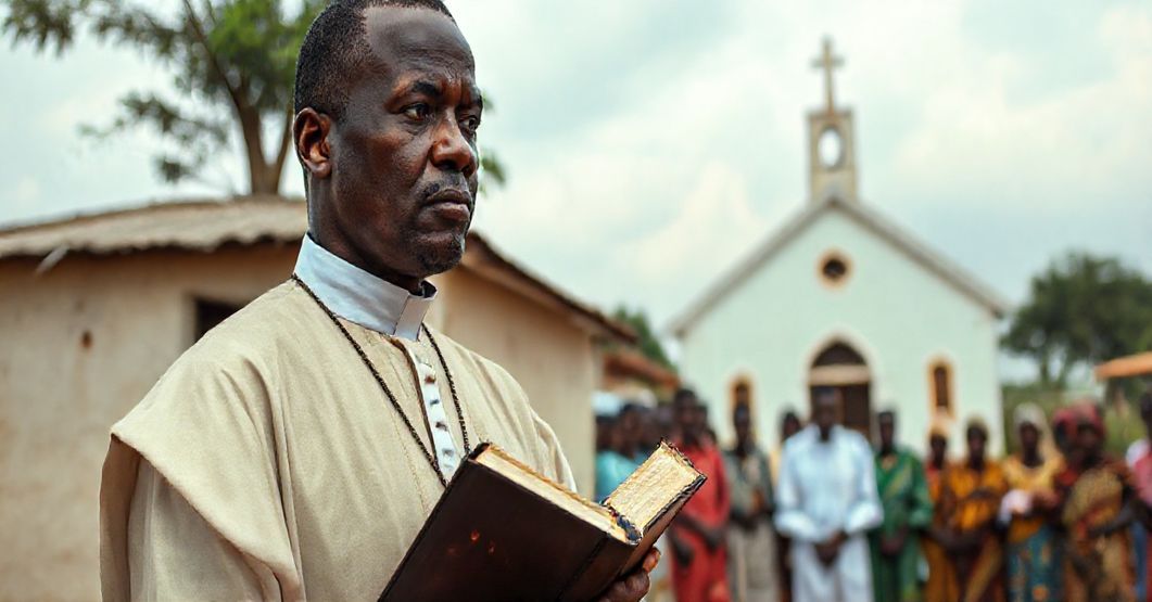 Ksiądz w tradycyjnych szatach kościelnych stoi przed prostą kaplicą w Nigerii, trzymając starannie przepisany Biblię, z wyraźną troską na twarzy, podczas gdy grupa lokalnych mieszkańców czeka za nim, z daleka widoczna nowoczesna, ekumeniczna struktura kościelna symbolizująca współczesny katolicyzm.