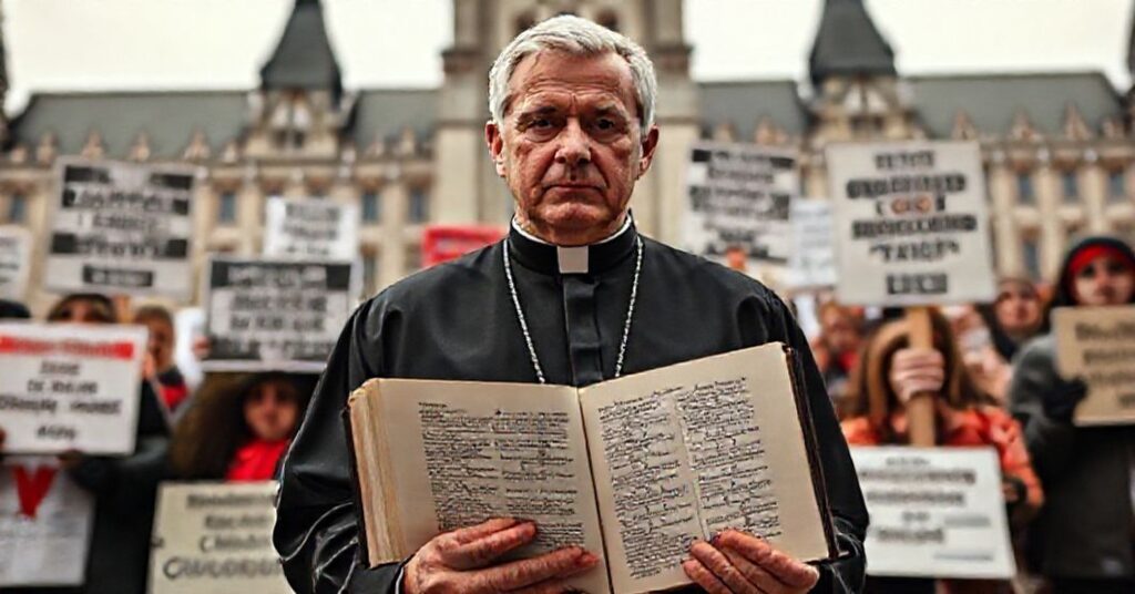 Sobór katolicki w tradycyjnym ornaty stoi przed grupą obywateli kanadyjskich protestujących przeciwko próbom rządu liberalnego w sprawie zakazu cytowania Pisma Świętego. Na tle widoczny budynek Parlamentu Kanadyjskiego z wyeksponowanymi Dziesięcioma Przykazaniami.