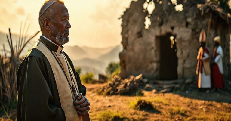 Katolicki ksiądz w tradycyjnych szatach stoi przed pogańskim sanktuarium w Kamerunie, trzymając różaniec, podczas gdy współczesny 'biskup' nadzoruje budowę mostu z miejscowymi wierzeniami. Scena podkreśla konflikt między prawdziwą misją a nowoczesnym humanitaryzmem.