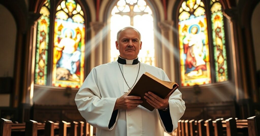 Ksiądz katolicki stoi w tradycyjnym kościele, trzymając Biblię, z promieniami słońca prześwitującymi przez witraże przedstawiające sceny Męki Pańskiej. Obraz przekazuje powagę i pobożność, podkreślając poświęcenie kapłana prawdziwej wierze.