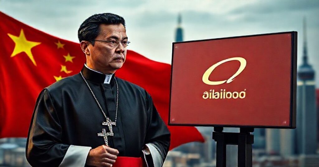 Ksiądz w tradycyjnych szatach kościelnych stoi przed flagą chińską, trzymając krzyż. Na tle widoczne są wieże kościołów w pejzażu Szanghaju, co symbolizuje konflikt między wiarą katolicką a technologicznym totalitaryzmem Chin.