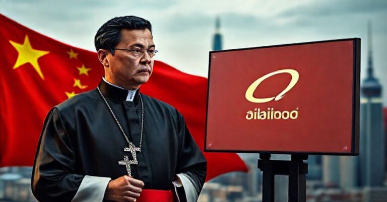 Ksiądz w tradycyjnych szatach kościelnych stoi przed flagą chińską, trzymając krzyż. Na tle widoczne są wieże kościołów w pejzażu Szanghaju, co symbolizuje konflikt między wiarą katolicką a technologicznym totalitaryzmem Chin.