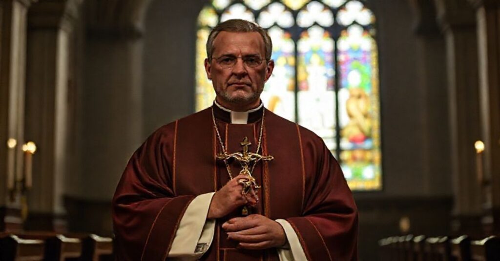 Ksiądz katolicki w tradycyjnych szatach liturgicznych trzyma krzyż, z tłem widocznym świątyni i witraży.