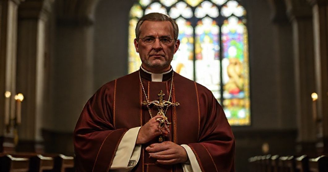 Ksiądz katolicki z krzyżem przed witrażami Ksiądz katolicki w tradycyjnych szatach liturgicznych trzyma krzyż, z tłem widocznym świątyni i witraży.