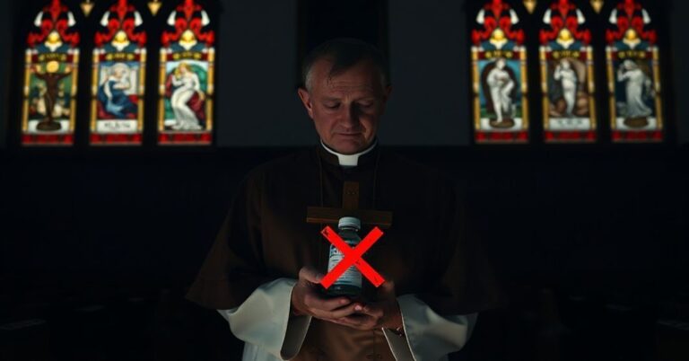 Ksiądz katolicki w tradycyjnym stroju liturgicznym trzyma krzyż przed butelką mifepristonu z czerwonym znakiem zakazu - symbolizując potępienie aborcji.