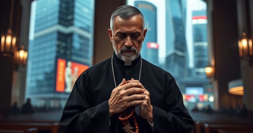 Tradycyjny katolicki ksiądz modli się w kościele, symbolizując duchową troskę i refleksję nad tragedią w Minneapolis, ukazując powagę i głęboki kontekst religijny wydarzenia.