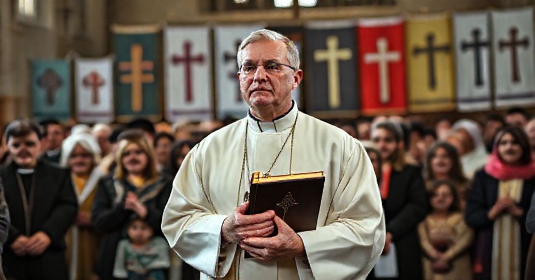 Ksiądz w tradycyjnych szatach stoi przed tłumem podczas wydarzenia Open Doors 2025 w Łodzi, wyrażając poważne obawy wobec ekumenizmu i religijnego relatywizmu.