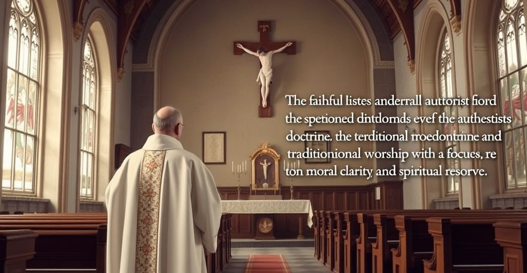 SPOWIEDNI KAPŁAN W TRADYCYJNEJ KATEDRZE, POKAZUJĄCY ISTOTNĄ RELIGIJNOŚĆ I TRADYCJĘ KATOLICKĄ