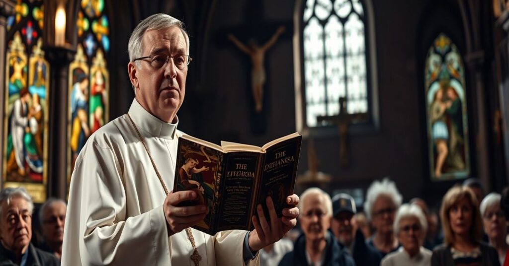 Ksiądz w tradycyjnym ornaty stoi przed zgromadzeniem wiernych w historycznym kościele.