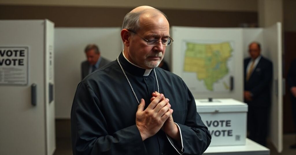 Książ katolicki modliący się przed urzędem wyborczym podczas manipulacji wyborczych