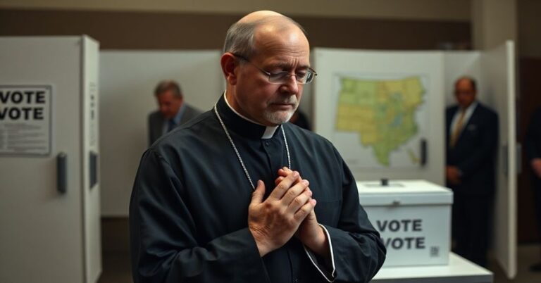 Książ katolicki modliący się przed urzędem wyborczym podczas manipulacji wyborczych