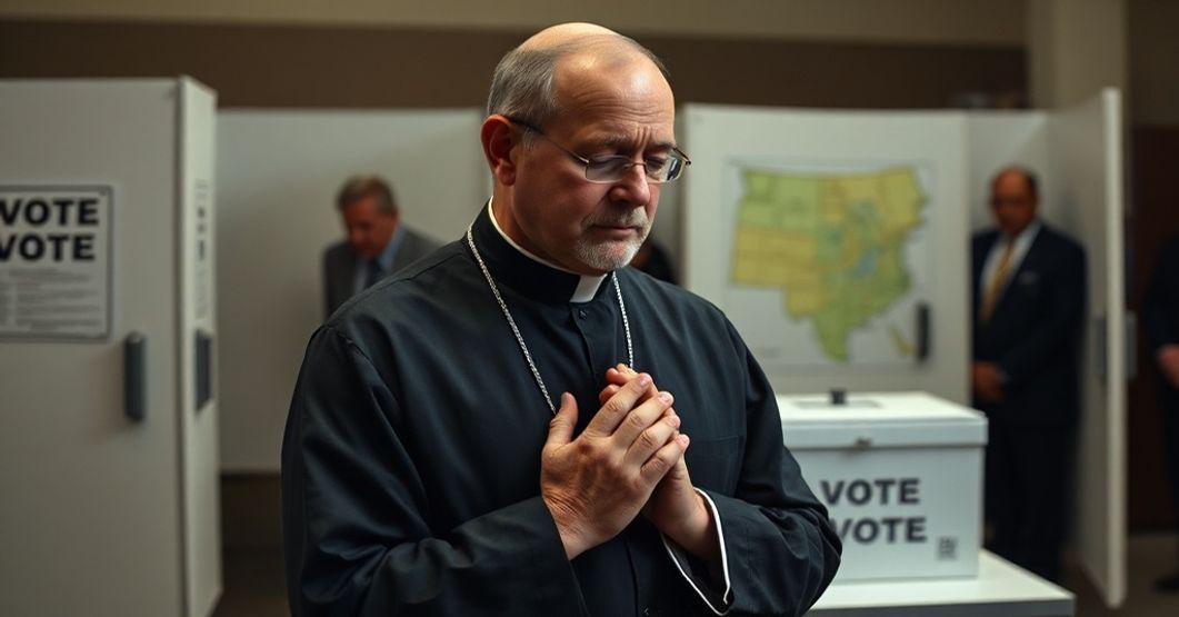 Książ katolicki modliący się przed urzędem wyborczym podczas manipulacji wyborczych