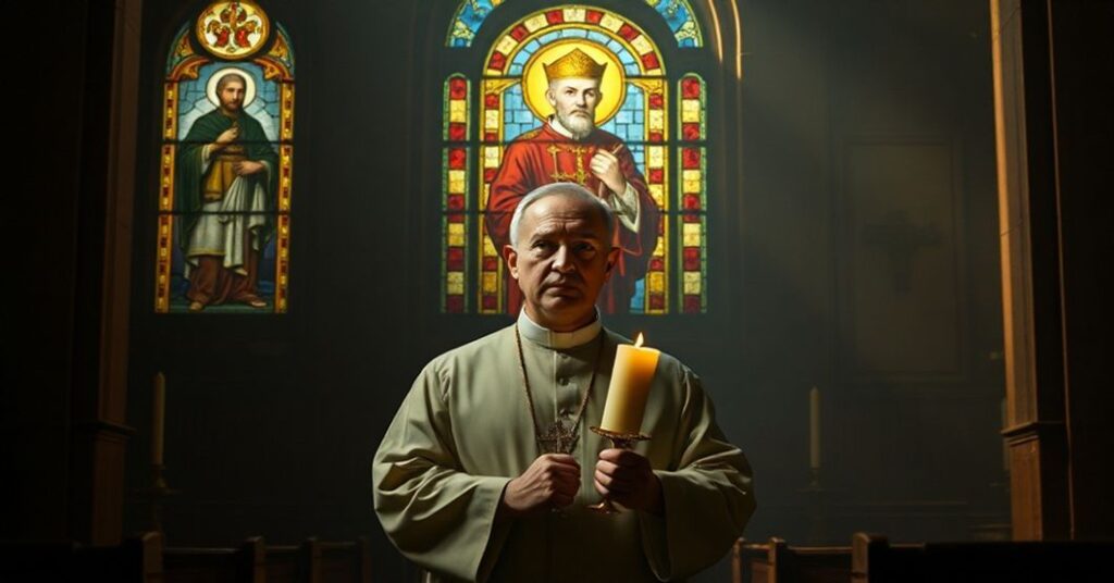 Ksiądz w tradycyjnych szatach liturgicznych stoi w ciemnym kościele trzymając świecę i myśli o moralnym upadku współczesnej polityki.