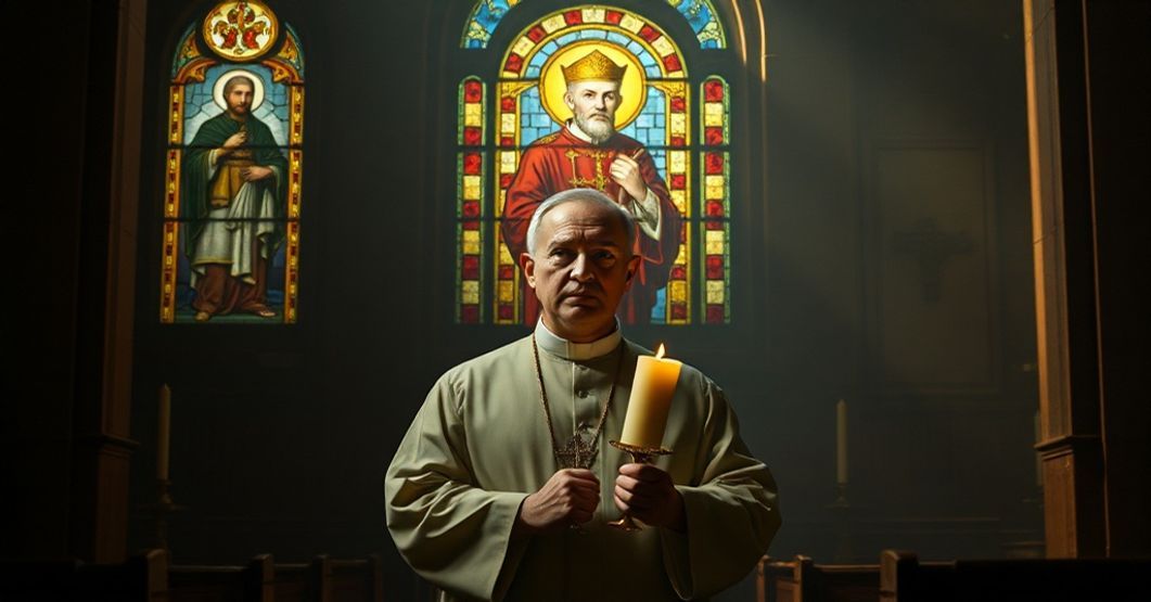 Ksiądz w tradycyjnych szatach liturgicznych stoi w ciemnym kościele trzymając świecę i myśli o moralnym upadku współczesnej polityki.