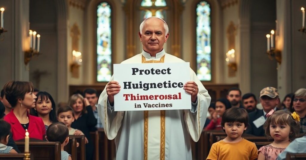 Książę katolicki w tradycyjnych szatach liturgicznych przed grupą rodziców i dzieci, trzymający transparent z napisem "Ochrona godności człowieka: Odrzuć rtęć w szczepionkach"