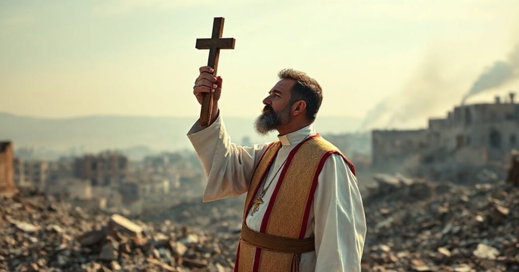 Ksiądz katolicki w tradycyjnych szatach liturgicznych trzyma krzyż w zniszczonym Libanie